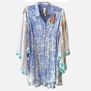 Aratta Silent Journey Blue Tie-Dye Dress with Floral Embroidery and pins